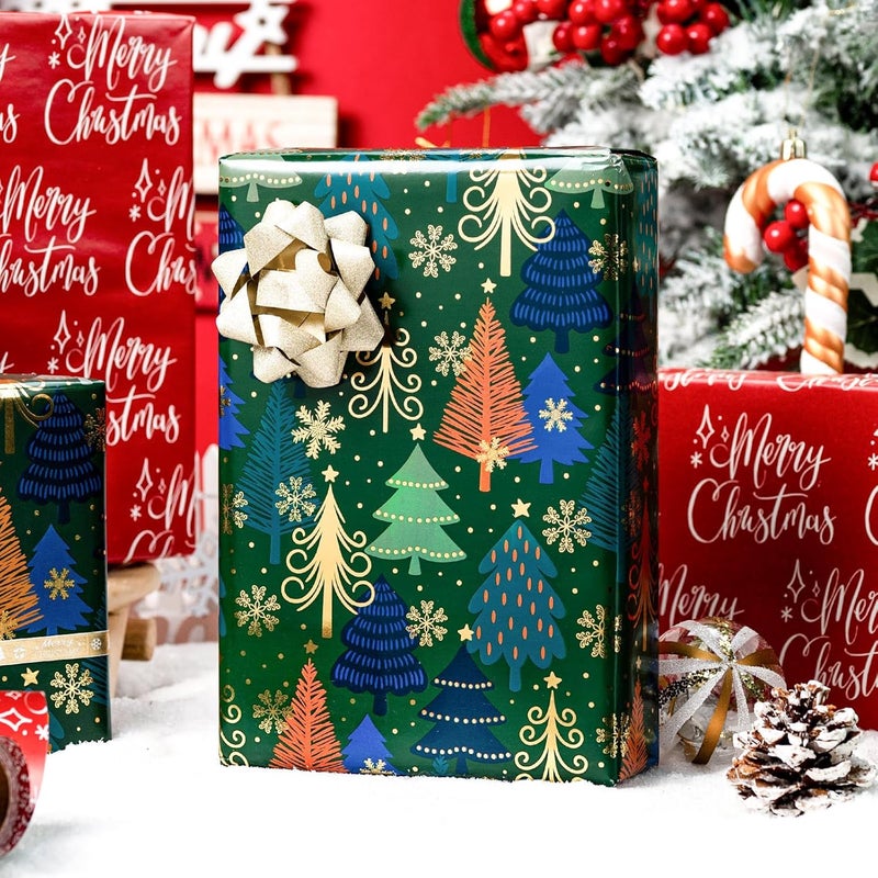 MAYPLUSS Christmas Wrapping Paper Roll - 17 Inch X 33 Feet - Green Gift Wrapping Paper Christmas Tree Snowflake Reversible Red for Holiday Party New Year Kids - Image 5